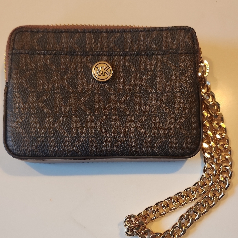 Michael Kors Brown and Gold Clutch with Monogram Design